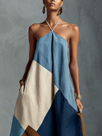 Women's Bohemian Multi-color Cotton Linen Blend Patchwork Halter Maxi Dress