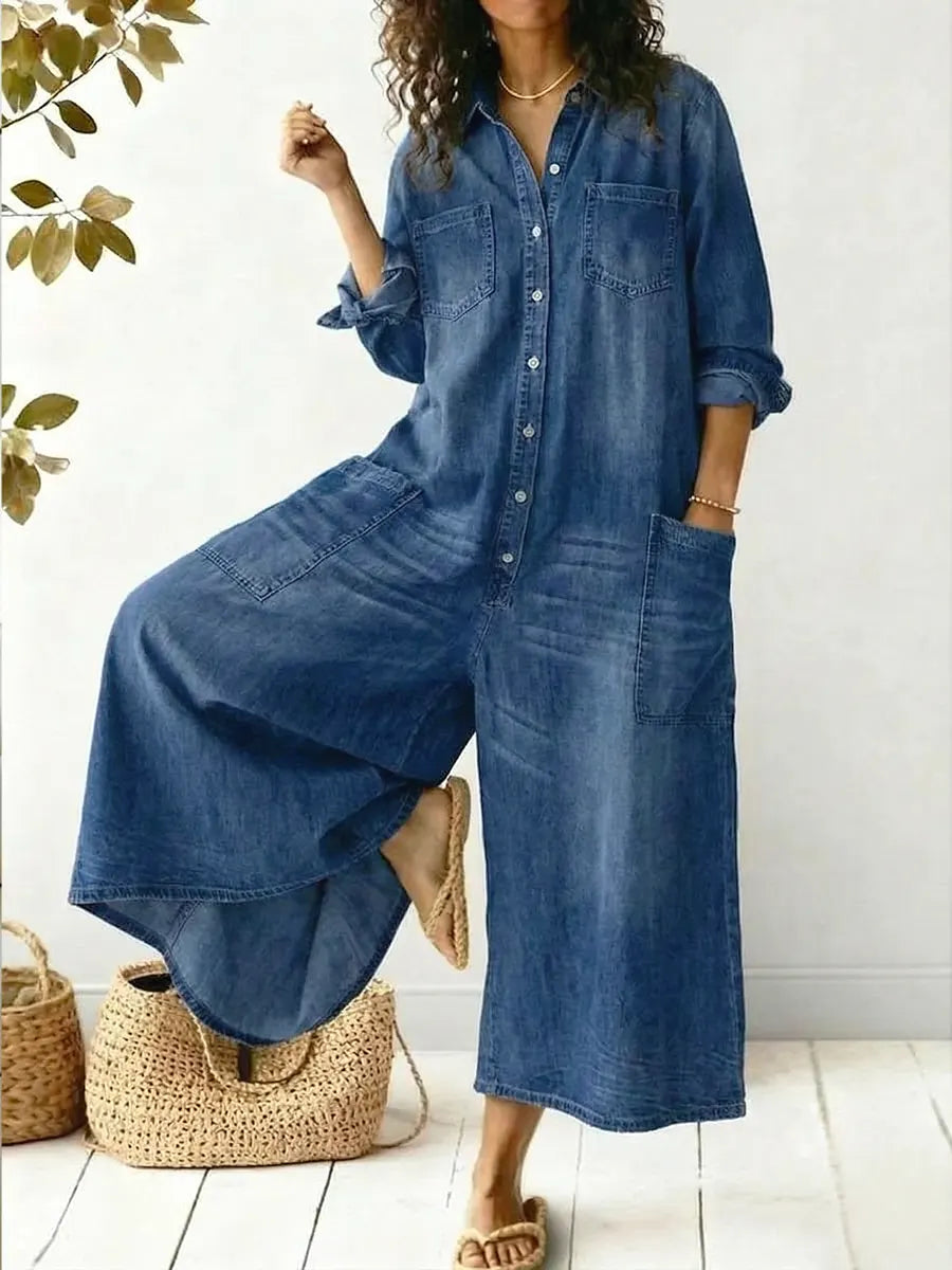 Women's Cozy And Casual Denim Jumpsuit With Large Front Pockets