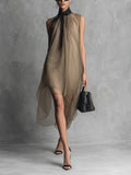 Sheer Mesh Sleeveless Tie Neck Asymmetrical Midi Dress