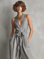 Women's Minimalist Linen-Blend Zippered V-Neck Sleeveless Belted Jumpsuit