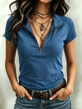 Women's Solid-color Short-sleeve Top With Zipper And Turn-down Collar