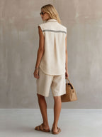 Casual Retro Apricot Cotton Linen Sleeveless Striped Shirt And Shorts Set