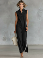 Women's Minimalist Athletic-Style Sleeveless Henley Maxi Dress