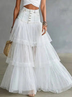 High Waist Button‑Front Denim Patchwork Tiered Tulle Maxi Skirt