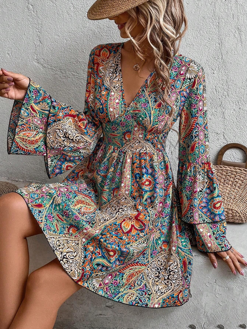 Bohemian Paisley Floral Bell Sleeve Dress