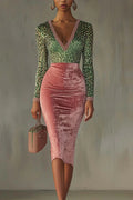 Fashionable Velvet Patchwork Stretch Slim Midi Dress