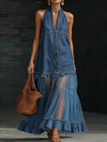 Halter Neck Denim & Tulle Tiered Maxi Dress