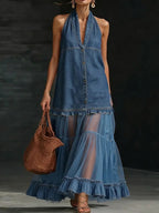 Halter Neck Denim & Tulle Tiered Maxi Dress