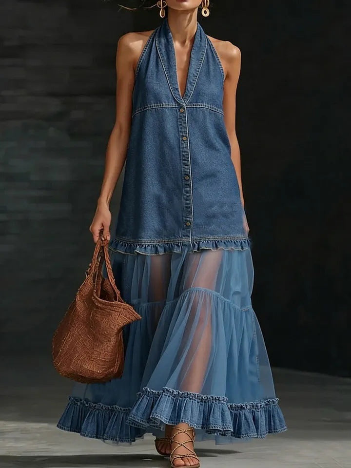 Halter Neck Denim & Tulle Tiered Maxi Dress
