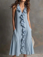 🌿 Ruffle V-Neck Sleeveless Midi Dress