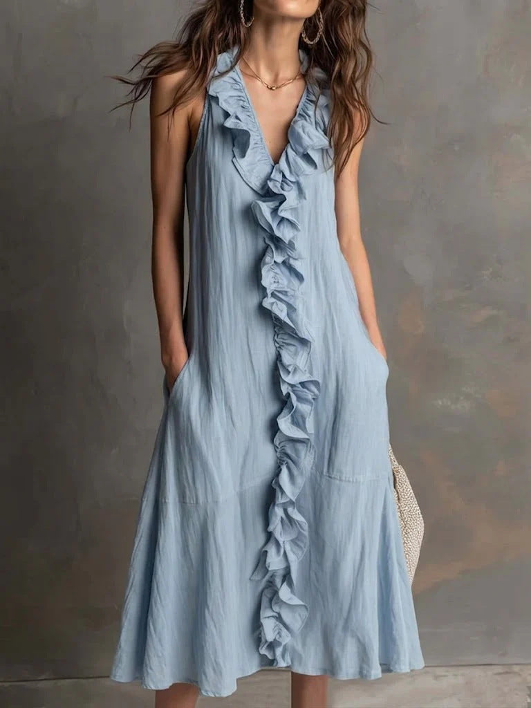 🌿 Ruffle V-Neck Sleeveless Midi Dress