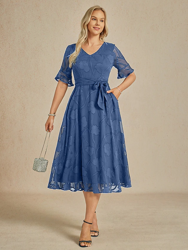 Sheer Sleeve V-Neck Floral Dress
