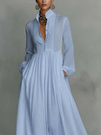 Casual Cotton Linen Maxi Dress High Waist Stand Collar Daily