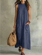 Loose Pocket Sleeveless Linen Blend Maxi Dress