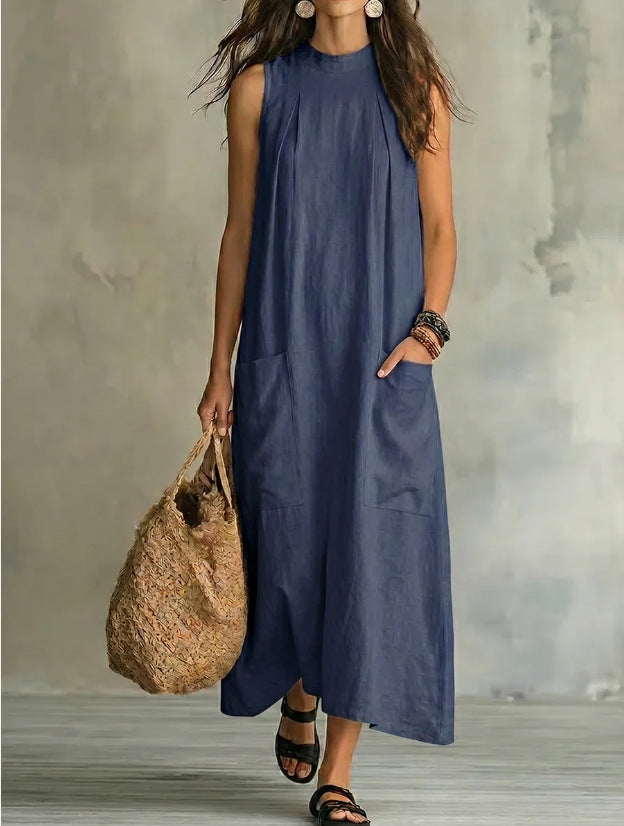 Loose Pocket Sleeveless Linen Blend Maxi Dress