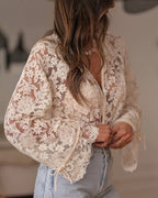 Boho Beige Lace Floral Sheer Blouse