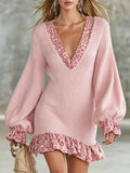 Women'S Ribbed Knit Leopard‑Trim V‑Neck Balloon Sleeve Mini Dress