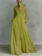 Casual Cotton Linen Maxi Dress High Waist Stand Collar Daily