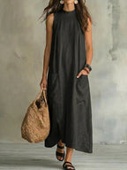 Loose Pocket Sleeveless Linen Blend Maxi Dress