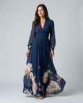 Pleated Sheer Sleeve Navy Maxi Dress