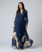 Pleated Sheer Sleeve Navy Maxi Dress