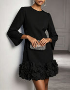 Black Round Neck 3D Floral Ruffle Hem Mini Dress