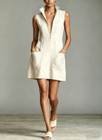 Linen Stand Collar Half Zip Sleeveless Pocket Mini Shift Dress