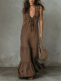 Loose Casual Deep V Ruffled Sleeveless Long Skirt Dress