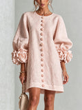 Women Blush Pink Fabric Floral Appliqué Balloon‑Sleeve Shift Mini Dress