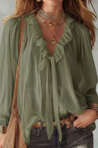 Stylish Long-sleeved V-neck Tie Loose Shirt Top