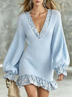 Women'S Ribbed Knit Leopard‑Trim V‑Neck Balloon Sleeve Mini Dress