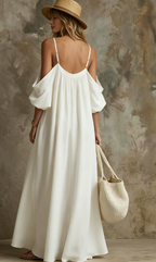 Cold Shoulder Puff Sleeve Pocketed Flowy White Maxi Caftan Dress