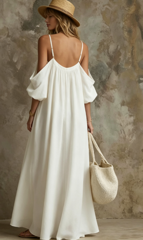 Cold Shoulder Puff Sleeve Pocketed Flowy White Maxi Caftan Dress