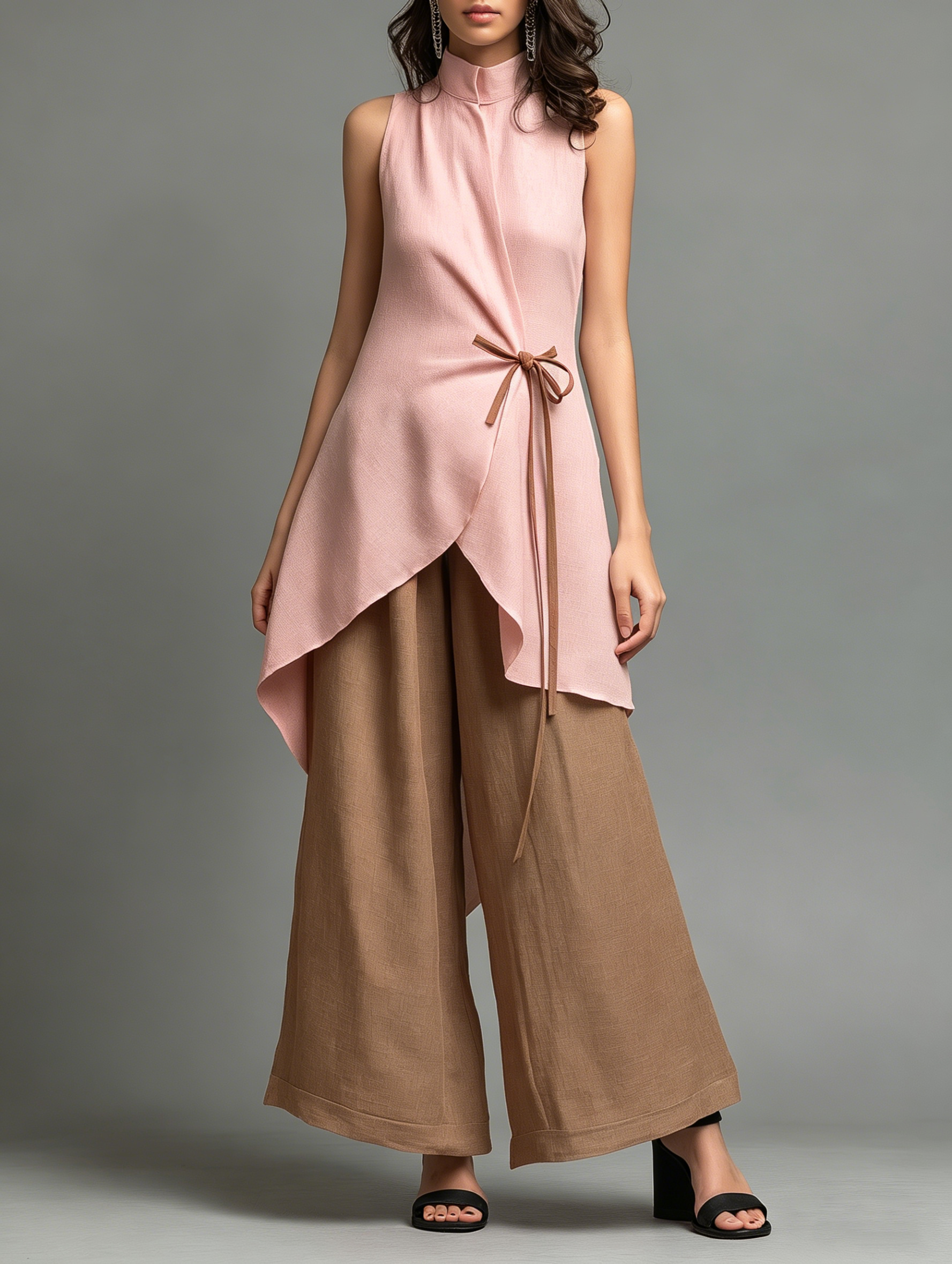 Color-block Stand-collar Lace-up Sleeveless Top + High-waisted Wide-leg Pants Cotton-linen Set