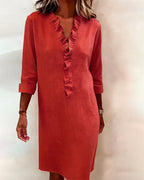 Ruffled V-Neck Solid Color Dress
