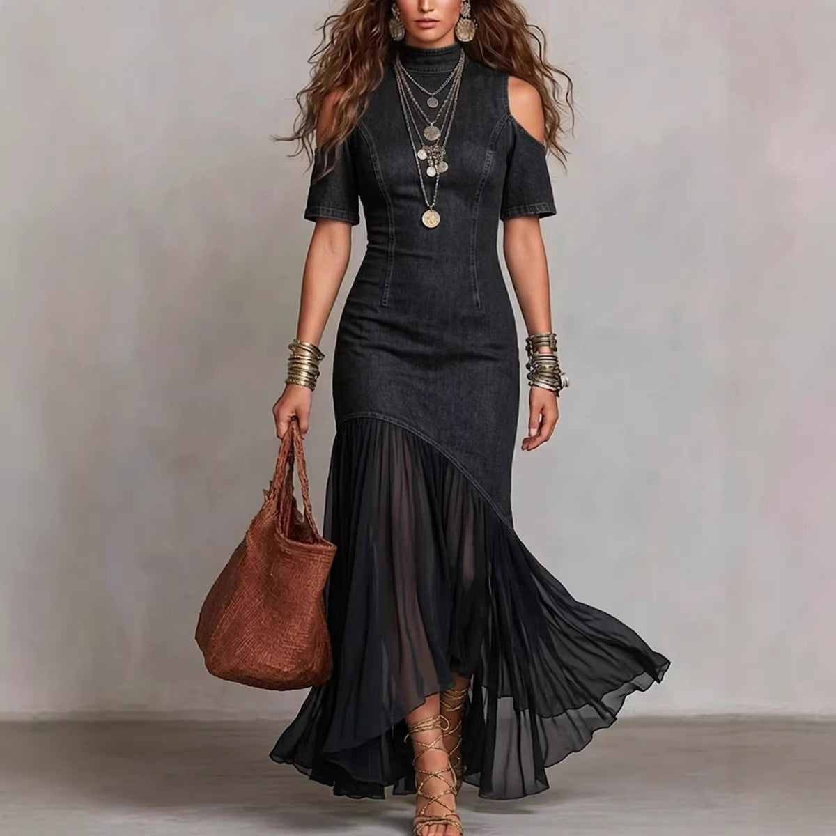 Off-Shoulder Mesh Hem Midi Dress – Slim Fit Short Sleeve Dress