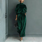 Women'S Velour Drop‑Shoulder Top & Pleated Wide‑Leg Pants Two‑Piece Set