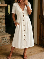 Women's Casual Loose-fitting Linen And Cotton Short Sleeve Dress
