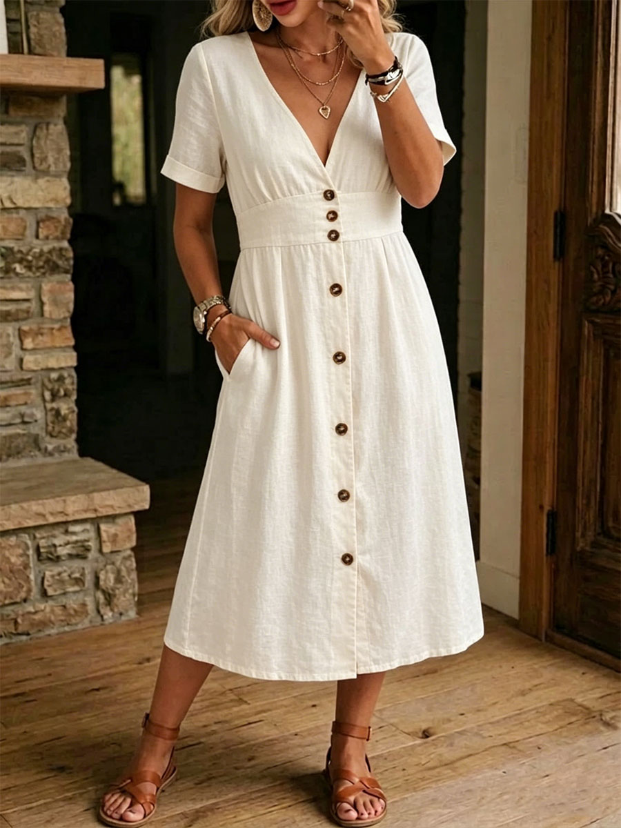 Women's Casual Loose-fitting Linen And Cotton Short Sleeve Dress