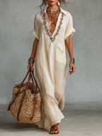 Women's Minimalist Linen Blend Embroidered Short-sleeved Shirt Maxi Dress