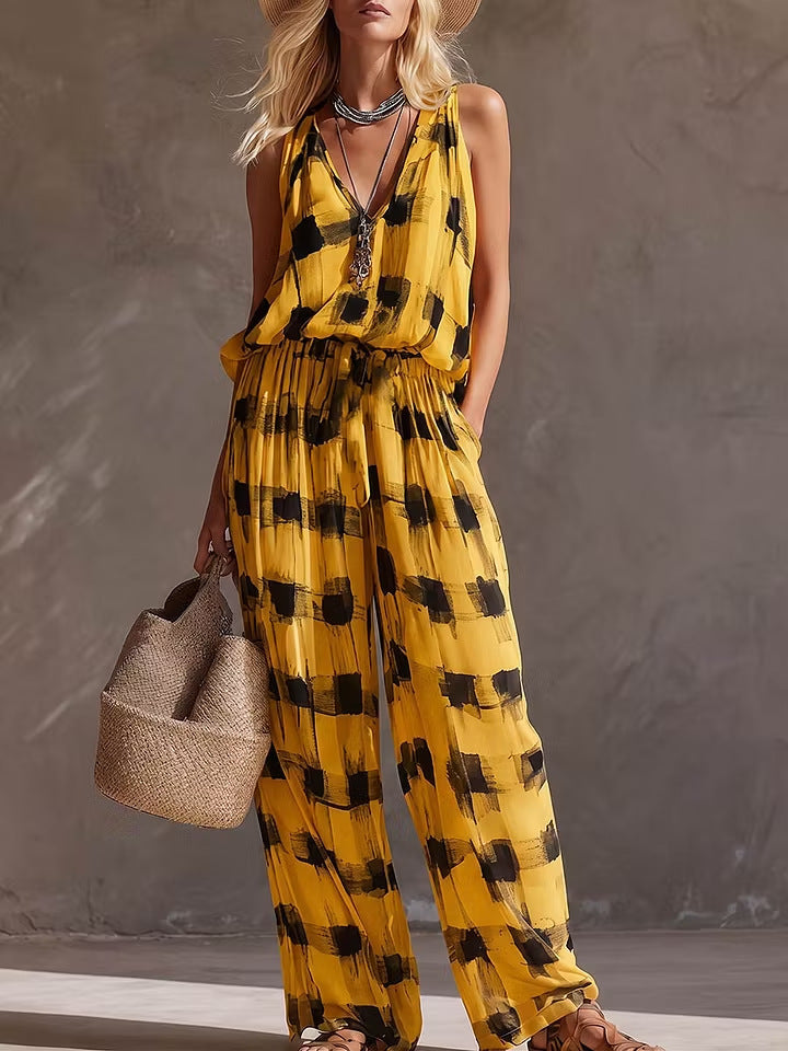 Women'S Abstract‑Print Sleeveless V‑Neck Wide‑Leg Jumpsuit