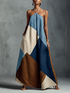 Women's Bohemian Multi-color Cotton Linen Blend Patchwork Halter Maxi Dress