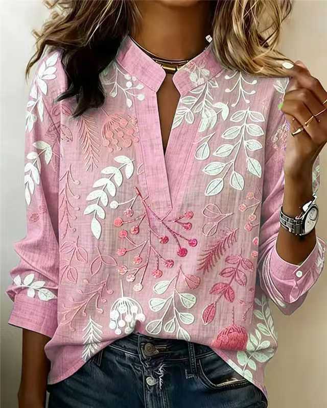 Women'S Floral Print Notch Collar Long Sleeve Blouse