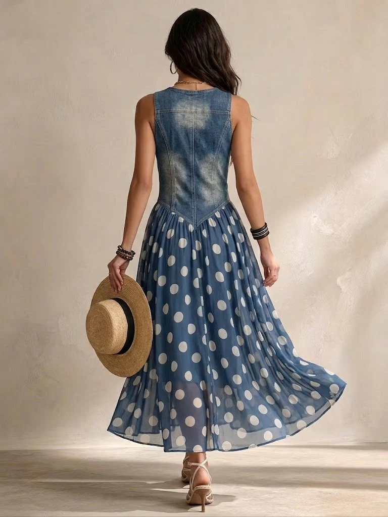 Stylish Casual Sleeveless Denim Dress With Polka-dot Chiffon Paneling
