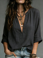 Textured Linen Blend Notch V Neck 3/4 Cuffed Sleeve Blouse
