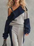 casual-sportswear-patchwork-one-shoulder-sweatshirt-and-sweatpants-set - Oyrosy