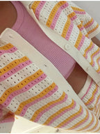 Colorful Striped Button Up Top and Shorts Sweater Set