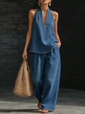 Stylish Urban Retro Denim Sleeveless Top And Wide Leg Pants Set