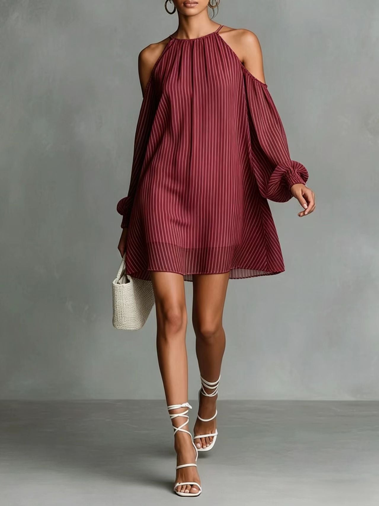 Striped Halter Cold-Shoulder Mini Dress