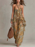 Vacation Style Printed V-Neck Watercolor Print Chiffon Halter Two-Piece Set